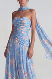 Blauwe chiffon bloemen strapless gerimpelde een lange formele jurk met linten