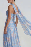 Blauwe chiffon bloemen strapless gerimpelde een lange formele jurk met linten