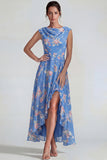 Blauwroze bloemen Chiffon Ritselde A Line Midi jurk met split