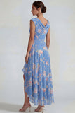 Blauwroze bloemen Chiffon Ritselde A Line Midi jurk met split