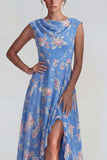 Blauwroze bloemen Chiffon Ritselde A Line Midi jurk met split