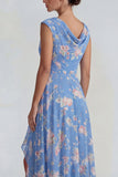 Blauwroze bloemen Chiffon Ritselde A Line Midi jurk met split