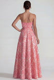 Blush Jacquard strapless gerimpelde A Line Lange formele jurk met split