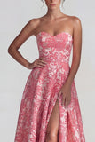 Blush Jacquard strapless gerimpelde A Line Lange formele jurk met split
