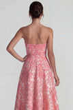 Blush Jacquard strapless gerimpelde A Line Lange formele jurk met split