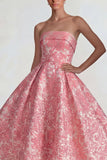 Blush Jacquard strapless A-lijn midi jurk