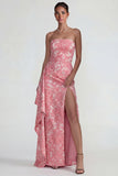 Blush Jacquard gerimpelde strapless schede lange formele jurk met split