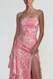 Blush Jacquard gerimpelde strapless schede lange formele jurk met split