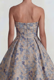 Grijsblauwe Jacquard strapless A-lijn midijurk met rits aan de achterkant