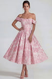 Roze jacquard korset met off-shoulder korset Een lijn midi-jurk