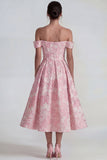 Roze jacquard korset met off-shoulder korset Een lijn midi-jurk