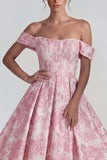 Roze jacquard korset met off-shoulder korset Een lijn midi-jurk