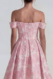 Roze jacquard korset met off-shoulder korset Een lijn midi-jurk