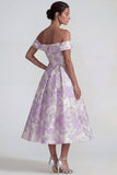 Lila Jacquard Off the Shoulder A Line Midi jurk
