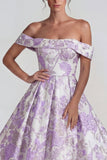 Lila Jacquard Off the Shoulder A Line Midi jurk