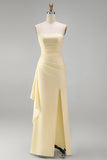Lichtgeel satijn gerimpeld strapless sheath met gerimpelde lange formele jurk met split