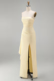 Lichtgeel satijn gerimpeld strapless sheath met gerimpelde lange formele jurk met split