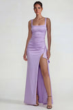 Lila vierkante hals gerimpelde satijnen schede lange formele jurk met split