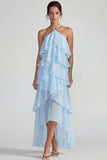 Blauw Chiffon Halter met Raffen Een Lijn Midi jurk