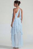 Blauw Chiffon Halter met Raffen Een Lijn Midi jurk