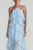 Blauw Chiffon Halter met Raffen Een Lijn Midi jurk