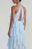 Blauw Chiffon Halter met Raffen Een Lijn Midi jurk