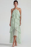 Blauw Chiffon Halter met Raffen Een Lijn Midi jurk
