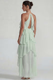 Blauw Chiffon Halter met Raffen Een Lijn Midi jurk