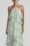 Blauw Chiffon Halter met Raffen Een Lijn Midi jurk