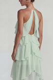 Blauw Chiffon Halter met Raffen Een Lijn Midi jurk