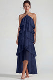 Blauw Chiffon Halter met Raffen Een Lijn Midi jurk