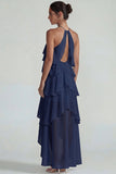 Blauw Chiffon Halter met Raffen Een Lijn Midi jurk