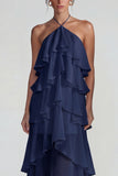 Blauw Chiffon Halter met Raffen Een Lijn Midi jurk