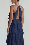 Blauw Chiffon Halter met Raffen Een Lijn Midi jurk