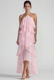Blauw Chiffon Halter met Raffen Een Lijn Midi jurk