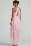 Blauw Chiffon Halter met Raffen Een Lijn Midi jurk