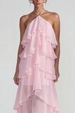 Blauw Chiffon Halter met Raffen Een Lijn Midi jurk