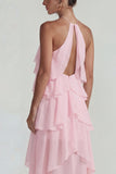 Blauw Chiffon Halter met Raffen Een Lijn Midi jurk