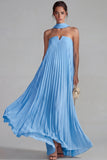 Blauwe strapless chiffon geplooide A Line lange formele jurk met lint