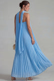 Blauwe strapless chiffon geplooide A Line lange formele jurk met lint