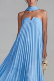 Blauwe strapless chiffon geplooide A Line lange formele jurk met lint