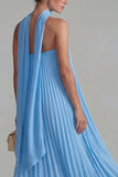 Blauwe strapless chiffon geplooide A Line lange formele jurk met lint