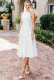 Witte A-lijn kanten halter midi trouwjurk