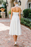 Witte A-lijn kanten halter midi trouwjurk