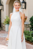 Witte A-lijn kanten halter midi trouwjurk