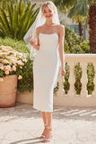 Witte satijn strapless midi trouwjurk met rits achter