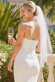 Witte satijn strapless midi trouwjurk met rits achter