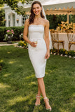 Witte kanten strapless midi bodycon trouwjurk met rits achter