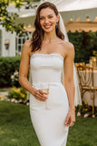 Witte kanten strapless midi bodycon trouwjurk met rits achter