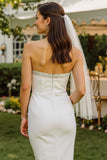 Witte kanten strapless midi bodycon trouwjurk met rits achter